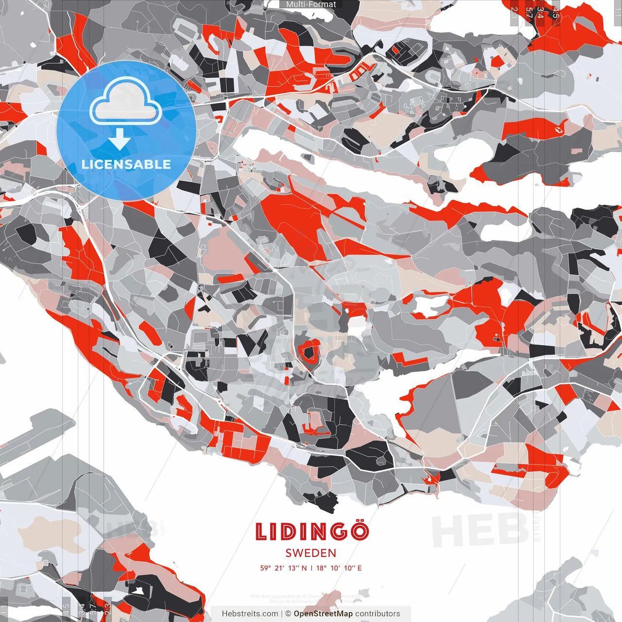 Lidingö, Sweden - modern street map poster template with gray and red tones