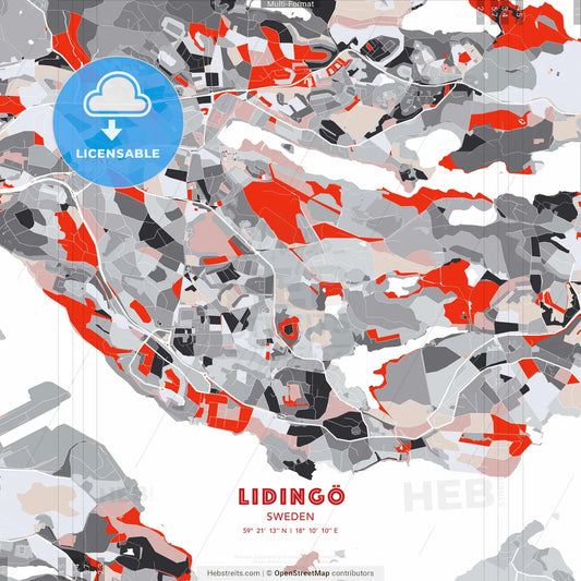 Lidingö, Sweden - modern street map poster template with gray and red tones