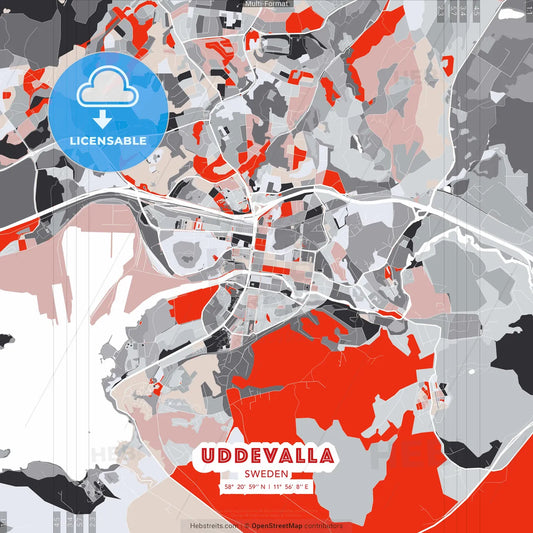 Uddevalla, Sweden - modern street map poster template with gray and red tones