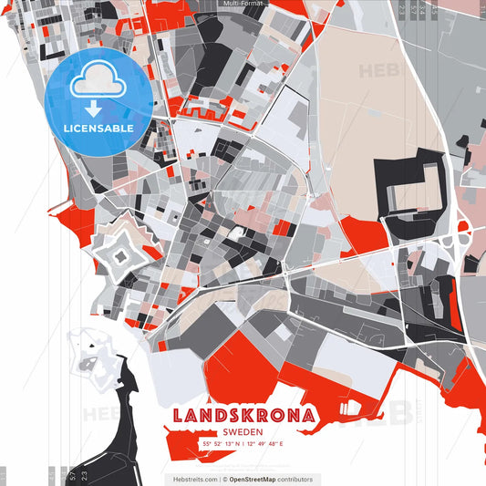 Landskrona, Sweden - modern street map poster template with gray and red tones
