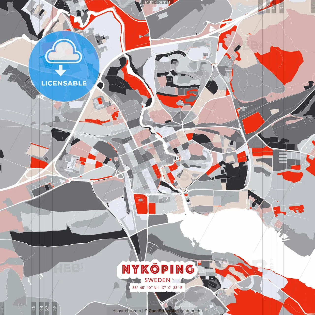 Nyköping, Sweden - modern street map poster template with gray and red tones