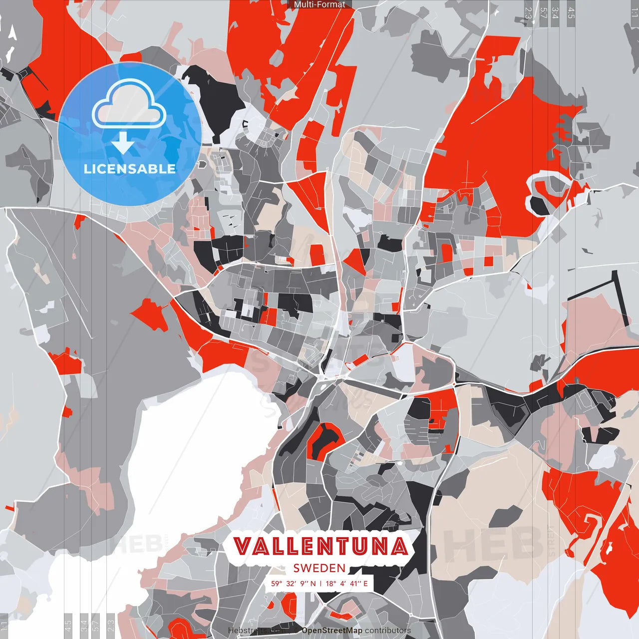 Vallentuna, Sweden - modern street map poster template with gray and red tones