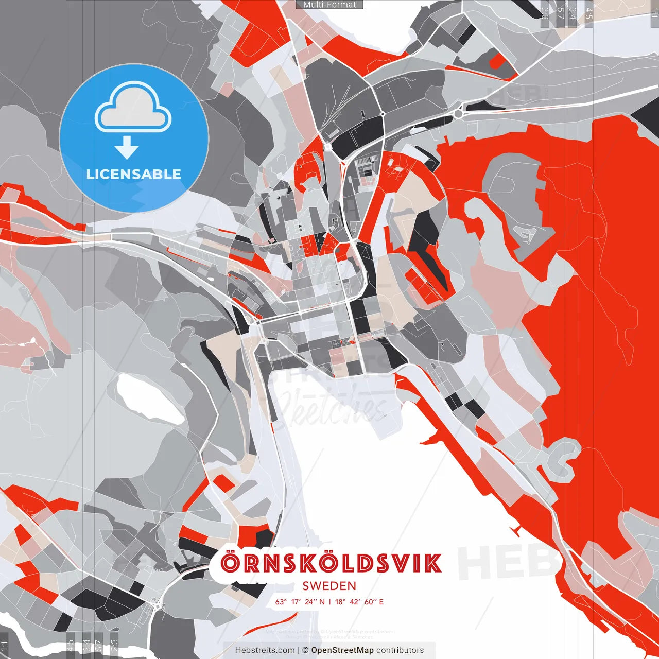 Örnsköldsvik, Sweden - modern street map poster template with gray and red tones
