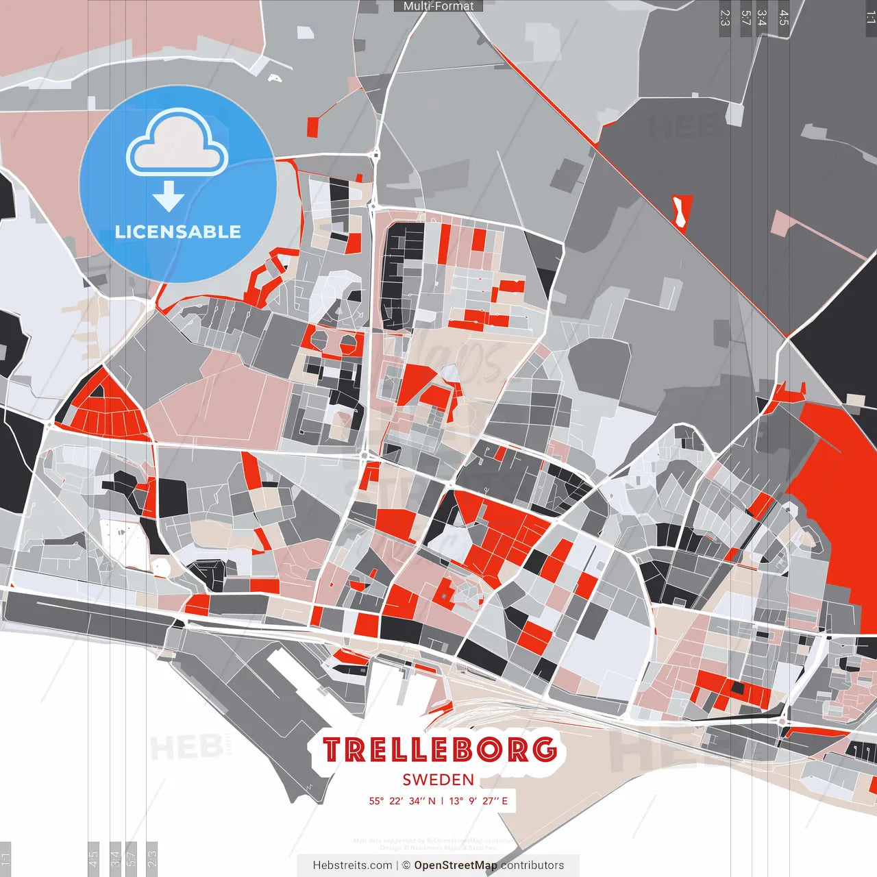 Trelleborg, Sweden - modern street map poster template with gray and red tones