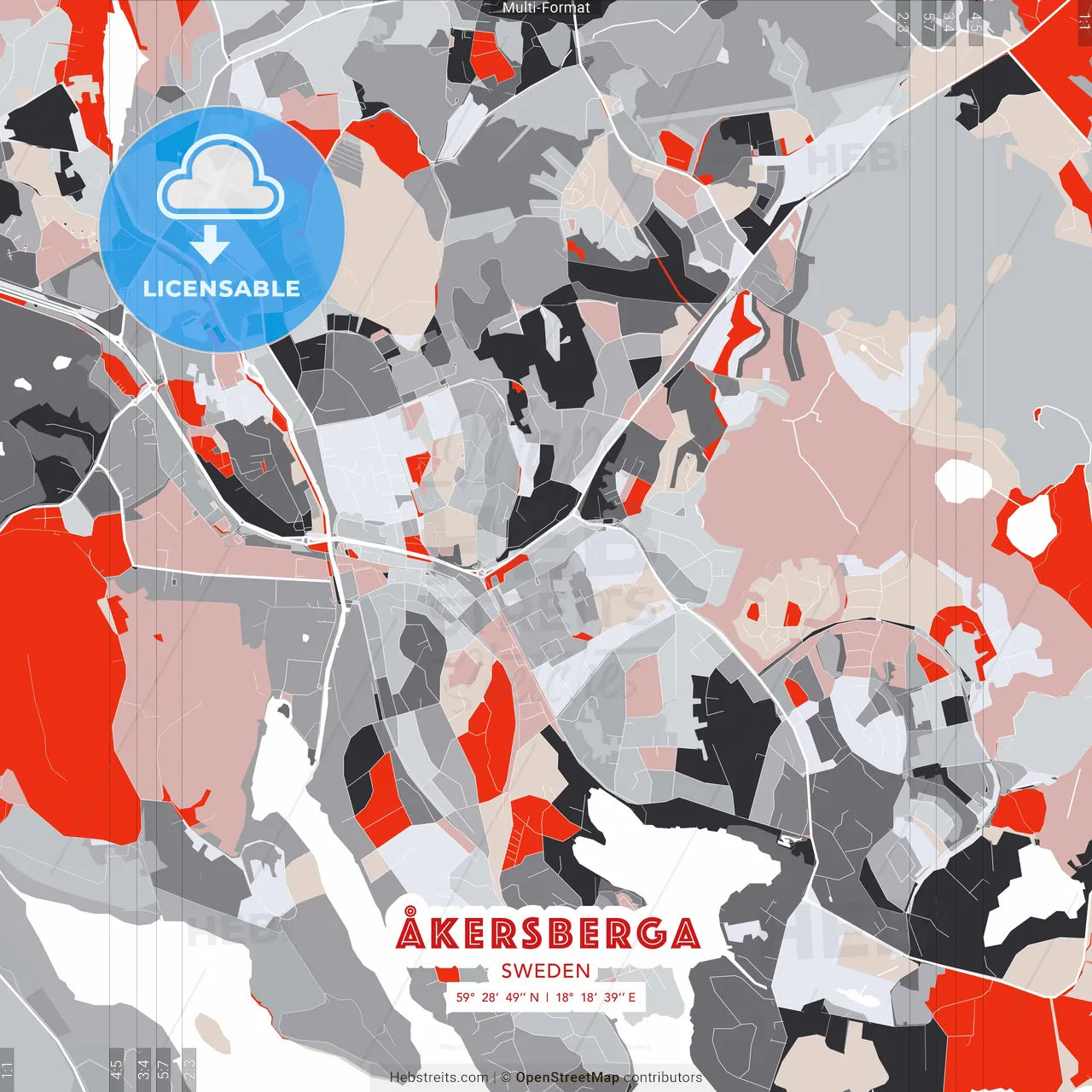 Åkersberga, Sweden - modern street map poster template with gray and red tones