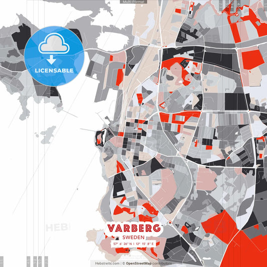 Varberg, Sweden - modern street map poster template with gray and red tones