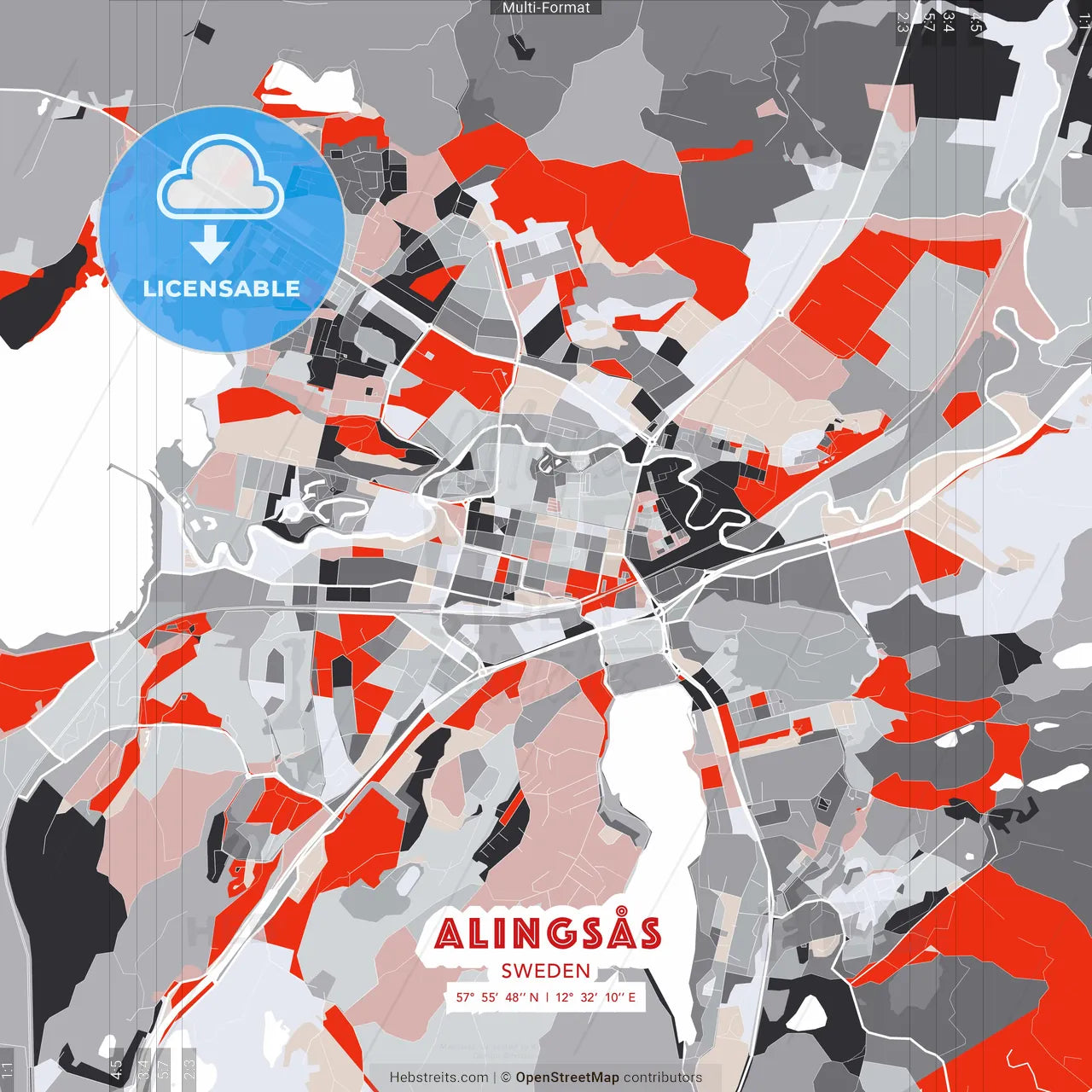 Alingsås, Sweden - modern street map poster template with gray and red tones