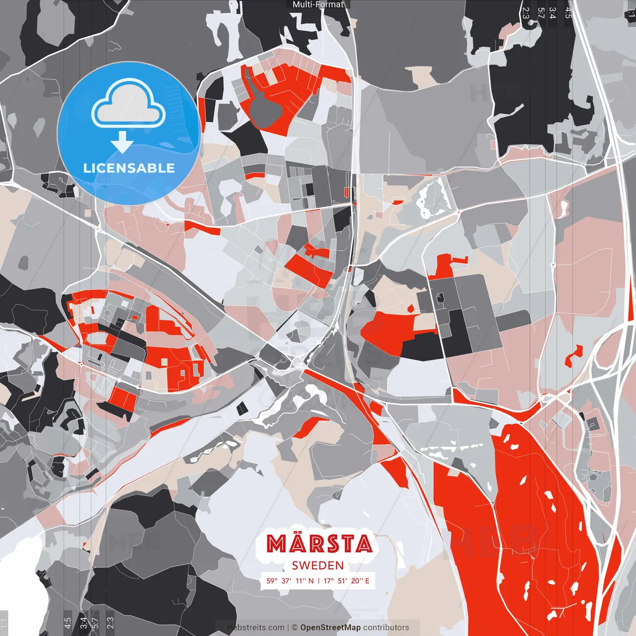 Märsta, Sweden - modern street map poster template with gray and red tones