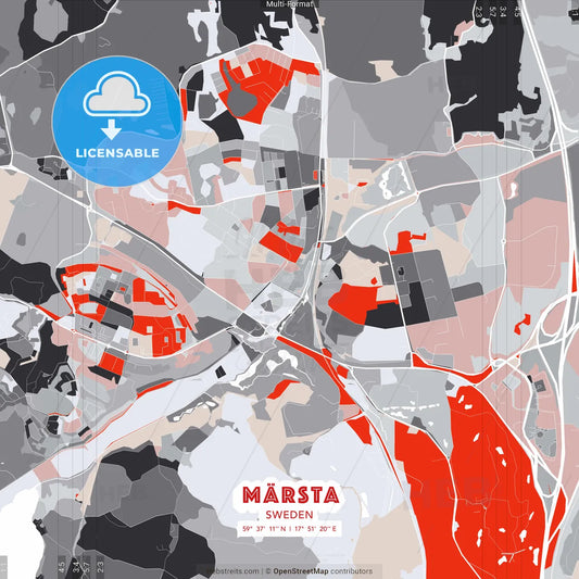 Märsta, Sweden - modern street map poster template with gray and red tones