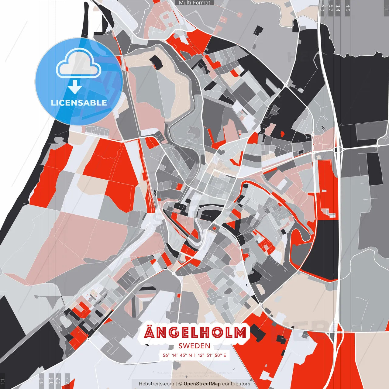 Ängelholm, Sweden - modern street map poster template with gray and red tones
