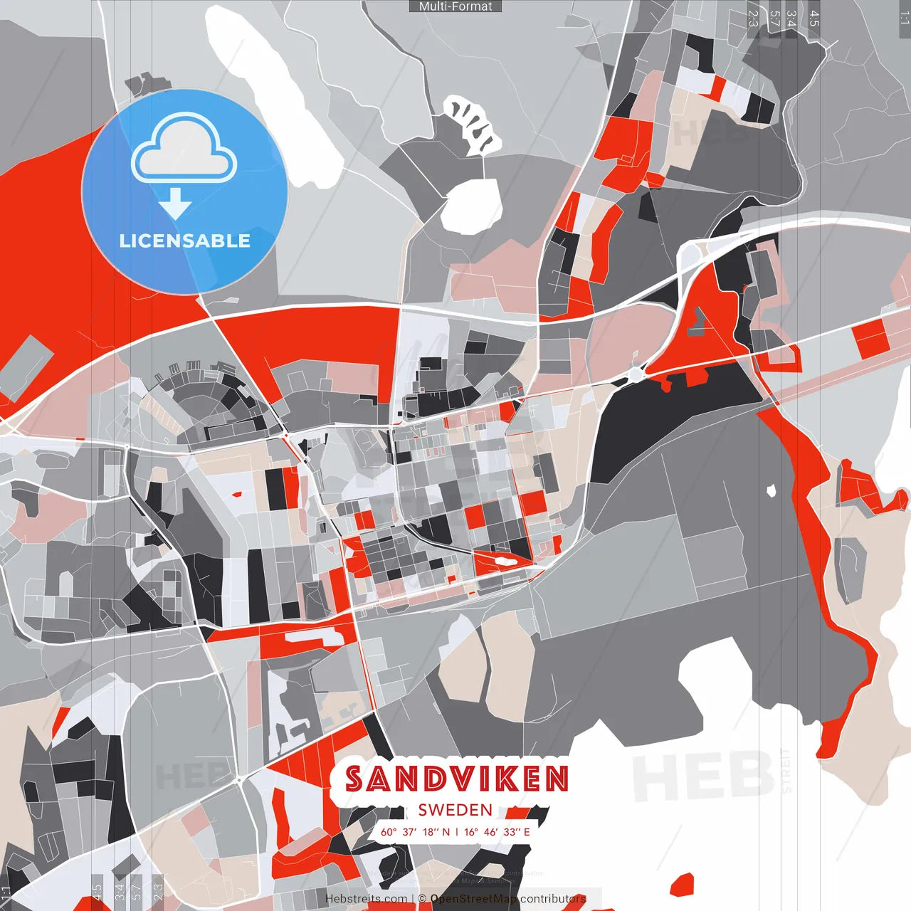 Sandviken, Sweden - modern street map poster template with gray and red tones