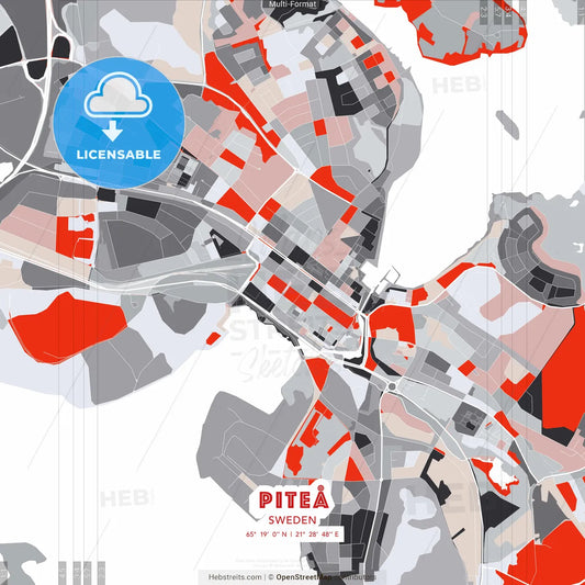 Piteå, Sweden - modern street map poster template with gray and red tones