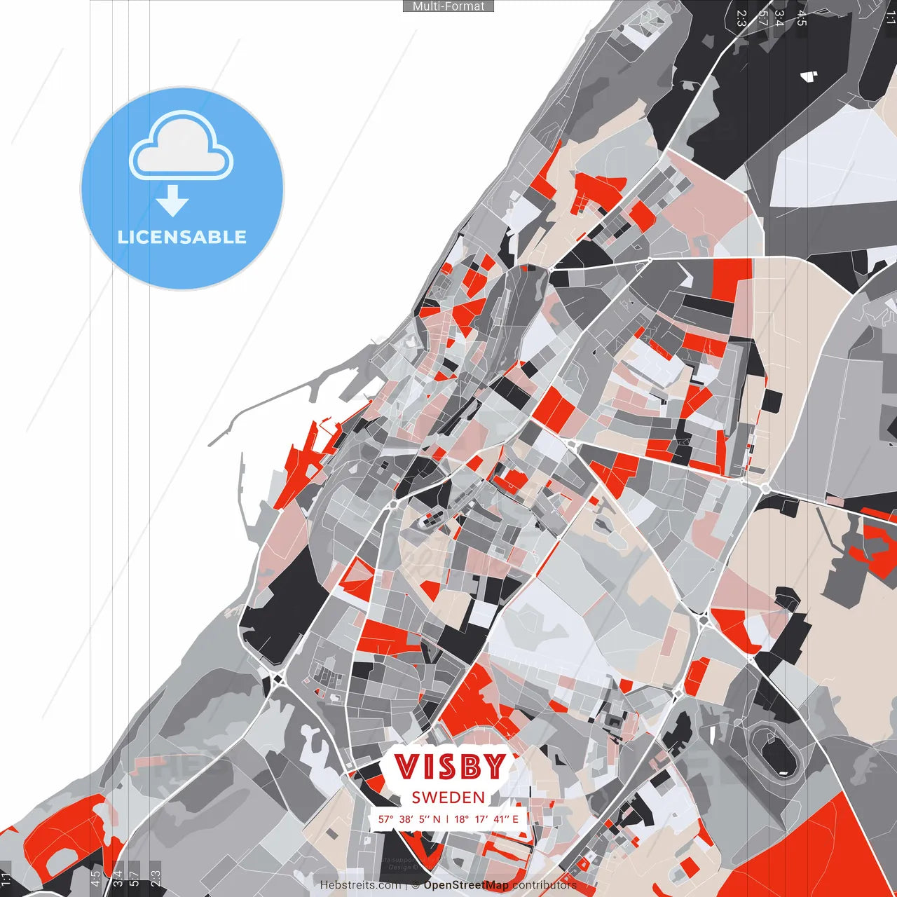 Visby, Sweden - modern street map poster template with gray and red tones