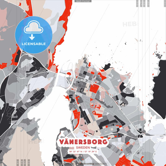 Vänersborg, Sweden - modern street map poster template with gray and red tones