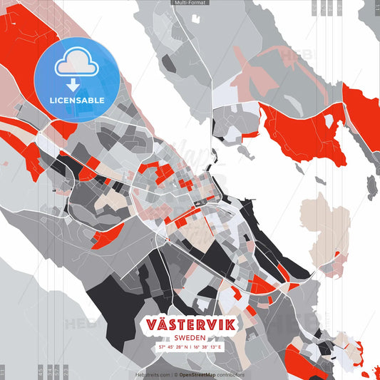 Västervik, Sweden - modern street map poster template with gray and red tones