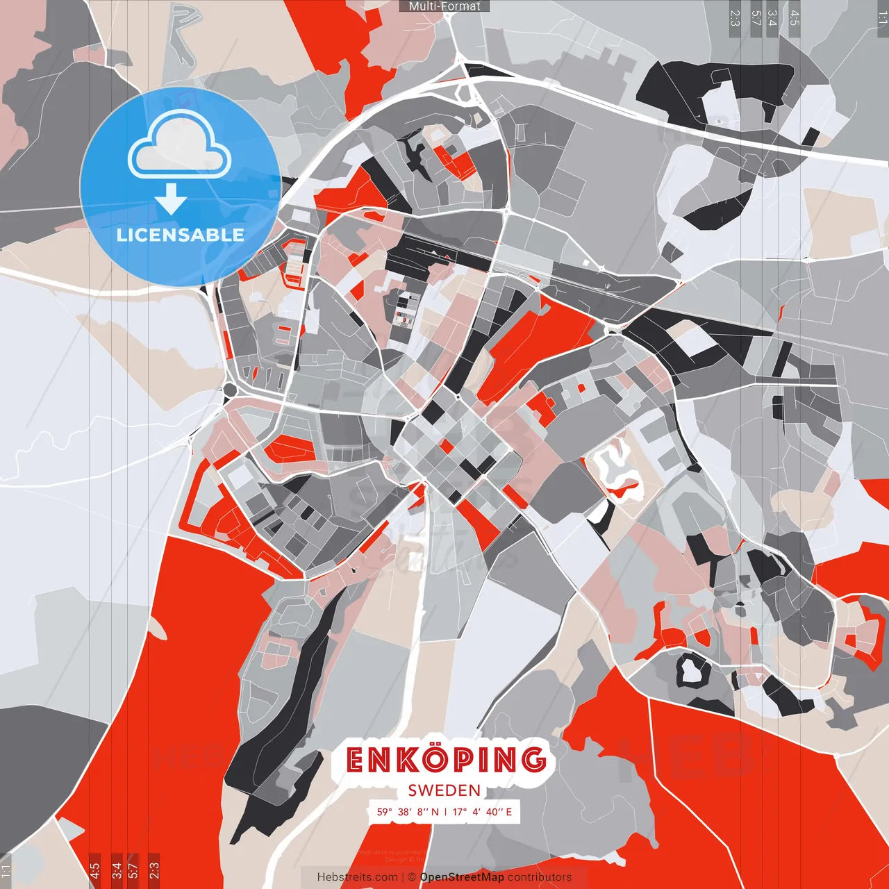 Enköping, Sweden - modern street map poster template with gray and red tones