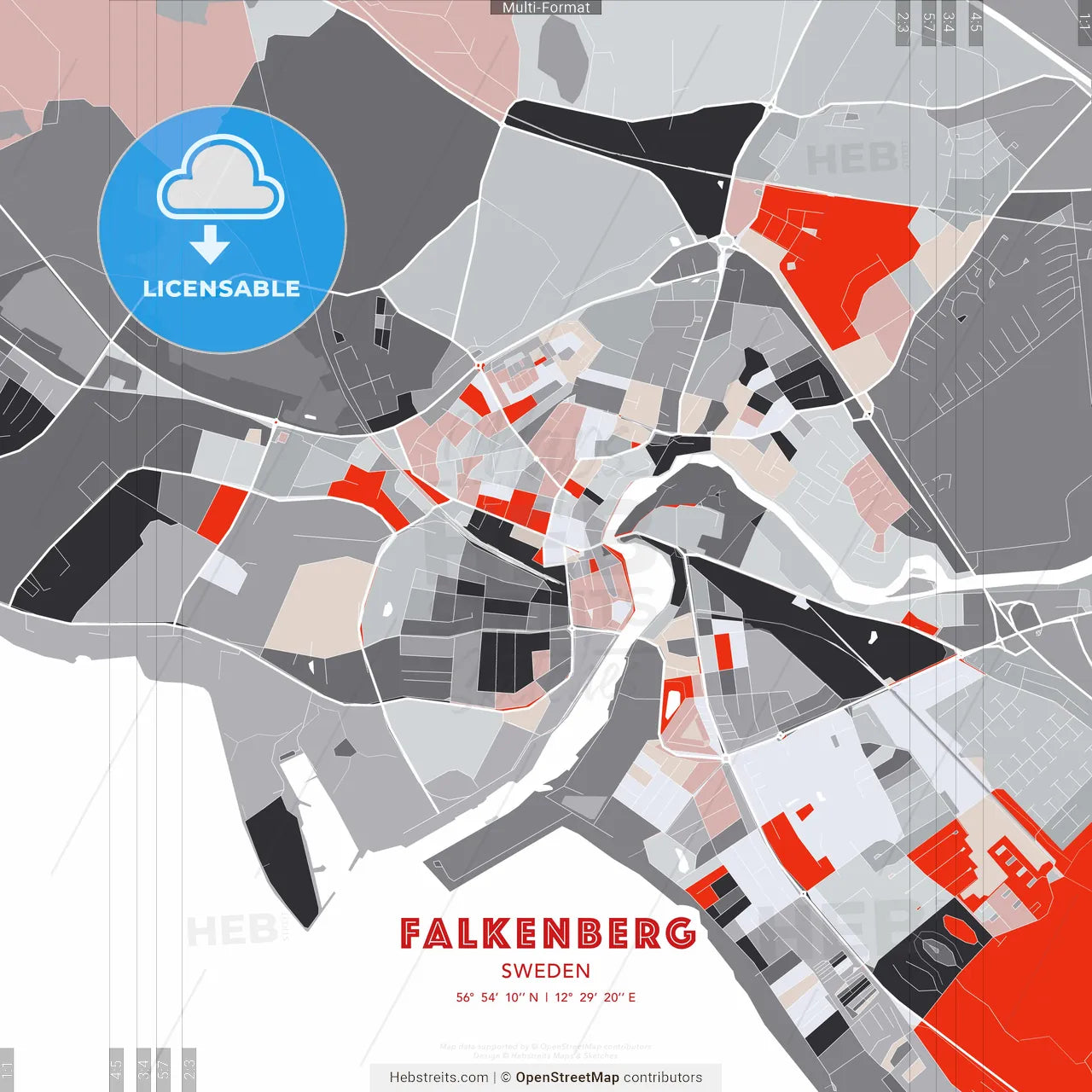 Falkenberg, Sweden - modern street map poster template with gray and red tones