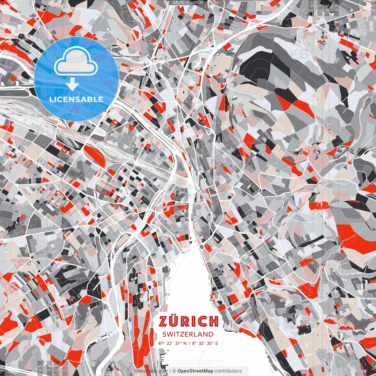Zürich, Switzerland - modern street map poster template with gray and red tones