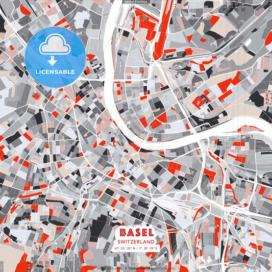 Basel, Switzerland - modern street map poster template with gray and red tones