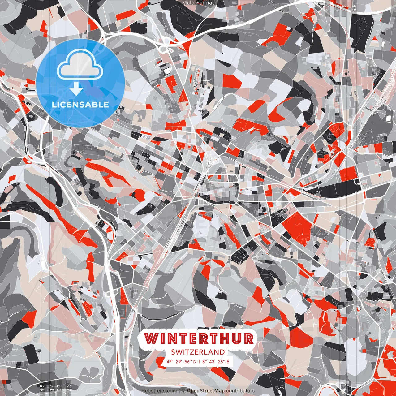 Winterthur, Switzerland - modern street map poster template with gray and red tones