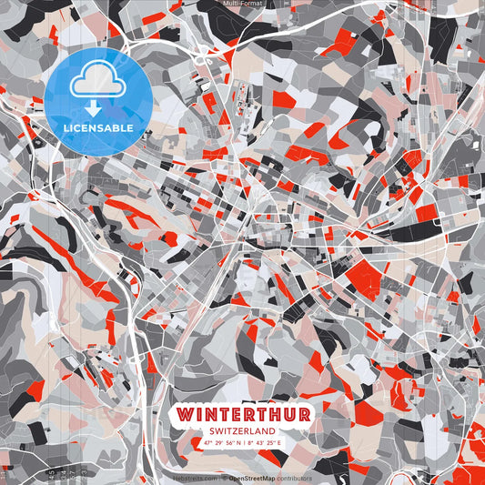 Winterthur, Switzerland - modern street map poster template with gray and red tones