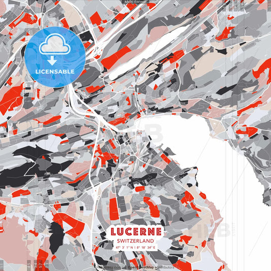 Lucerne, Switzerland - modern street map poster template with gray and red tones