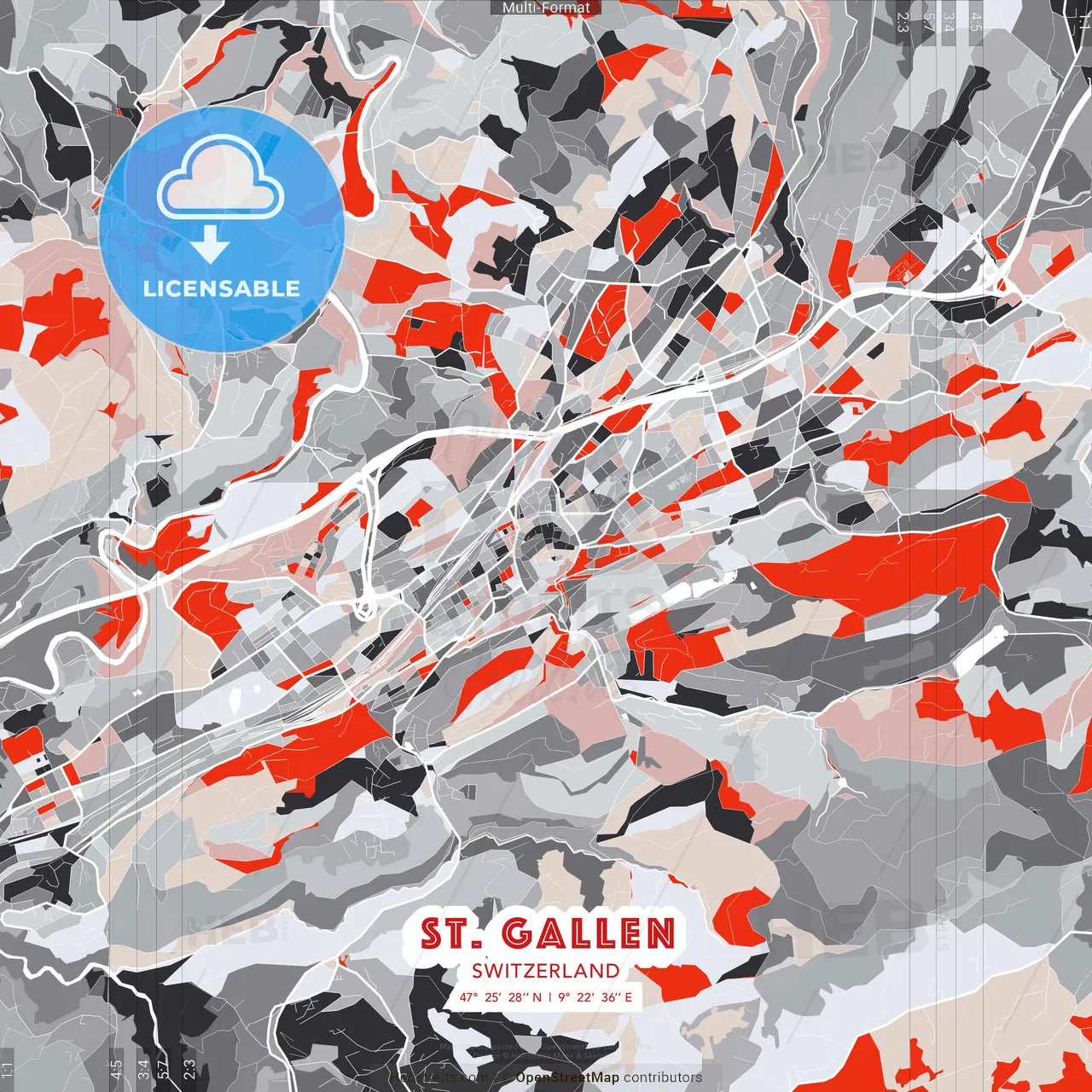 St. Gallen, Switzerland - modern street map poster template with gray and red tones