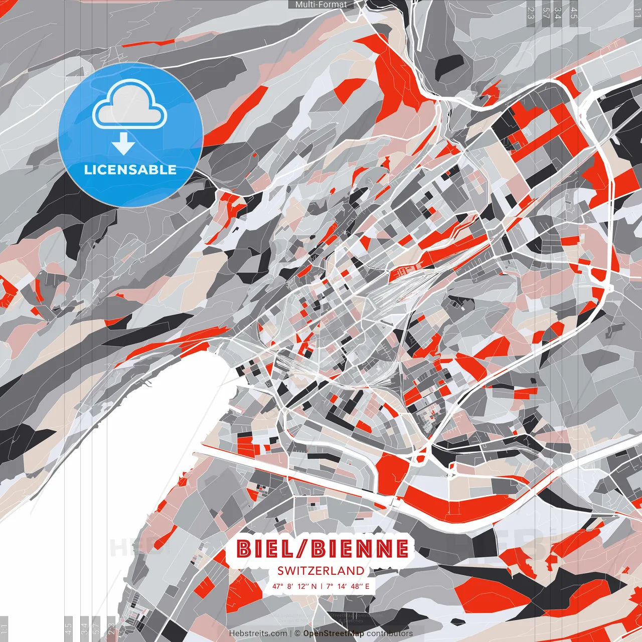Biel/Bienne, Switzerland - modern street map poster template with gray and red tones