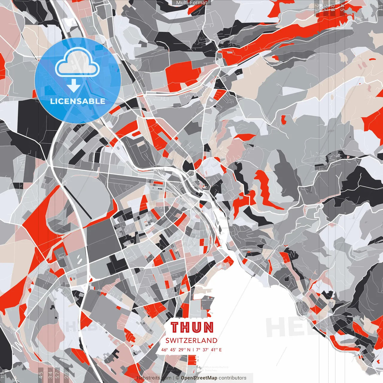 Thun, Switzerland - modern street map poster template with gray and red tones