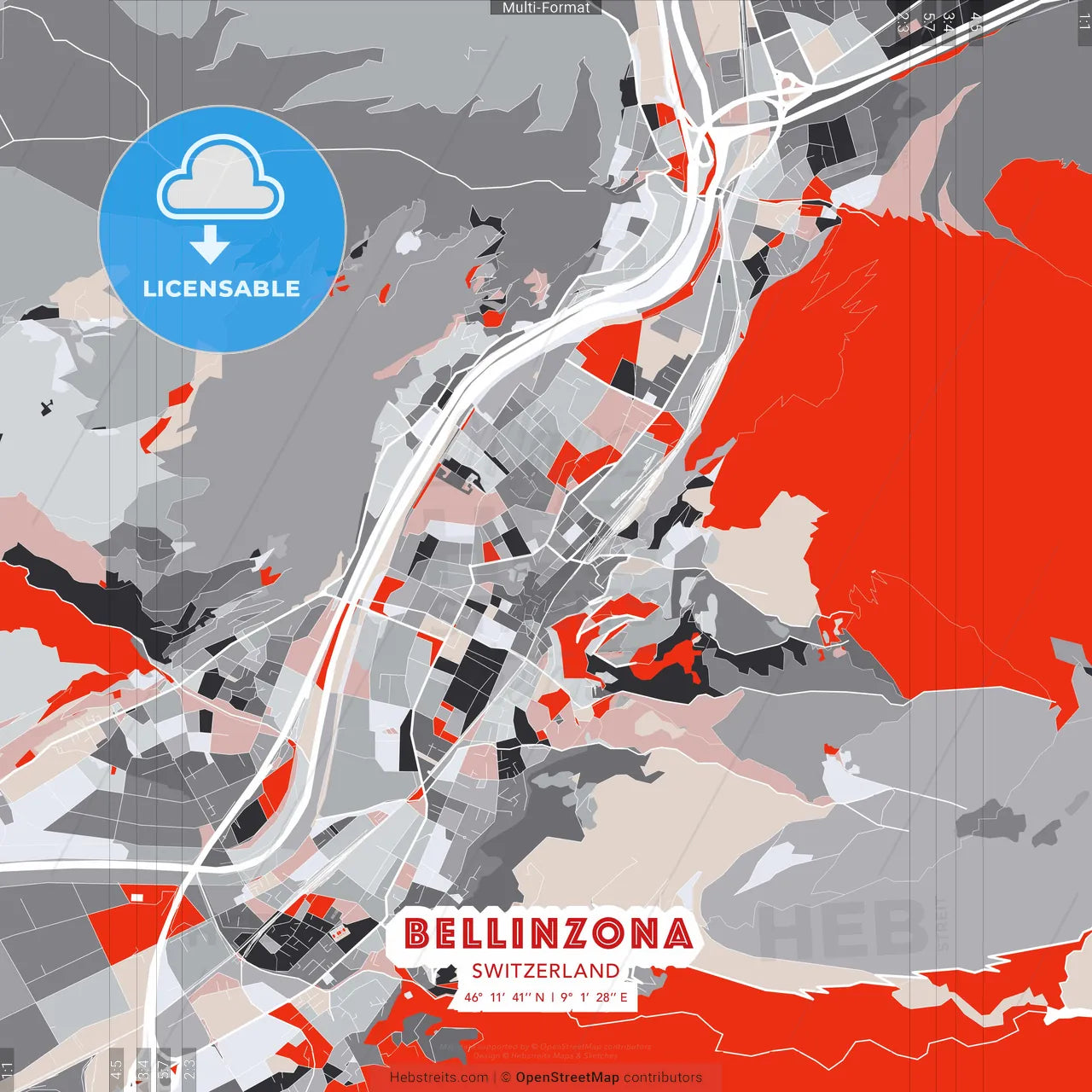 Bellinzona, Switzerland - modern street map poster template with gray and red tones