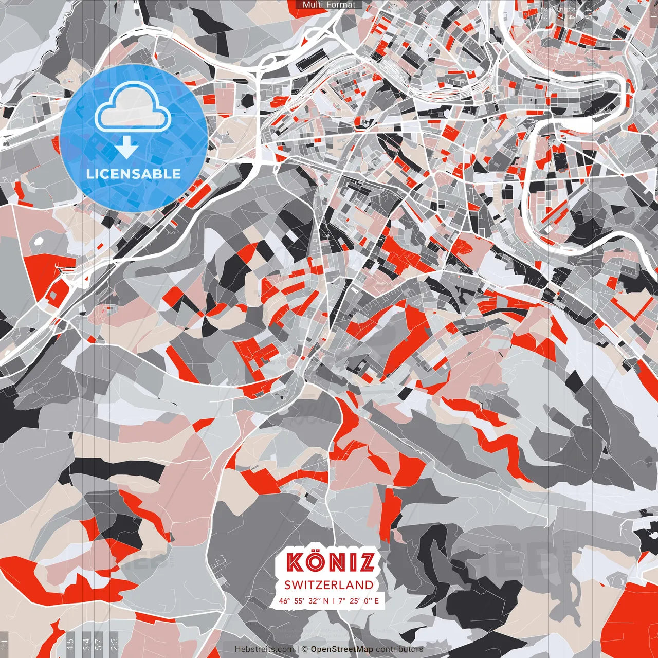 Köniz, Switzerland - modern street map poster template with gray and red tones