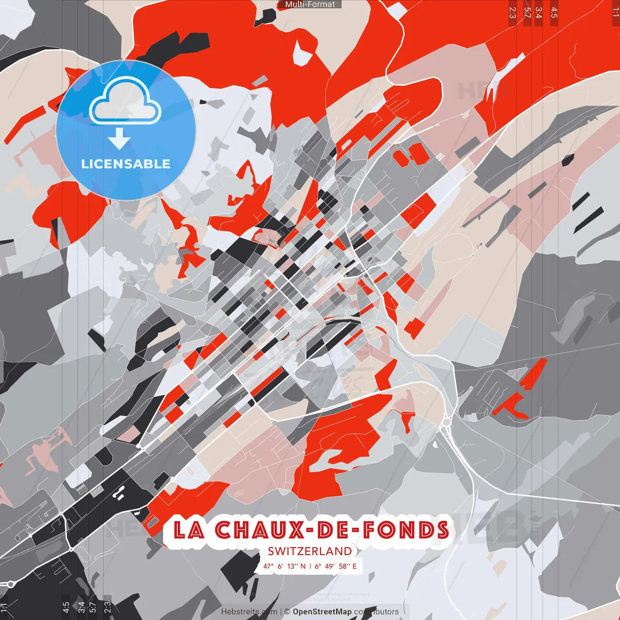 La Chaux-de-Fonds, Switzerland - modern street map poster template with gray and red tones