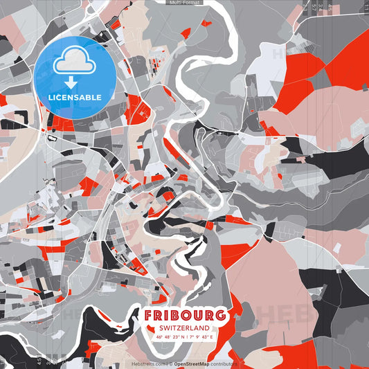 Fribourg, Switzerland - modern street map poster template with gray and red tones