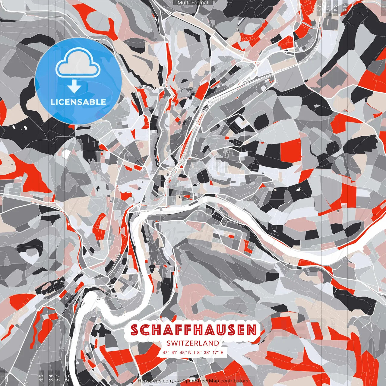 Schaffhausen, Switzerland - modern street map poster template with gray and red tones