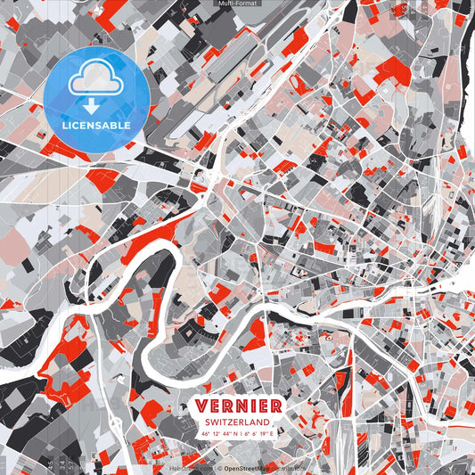 Vernier, Switzerland - modern street map poster template with gray and red tones