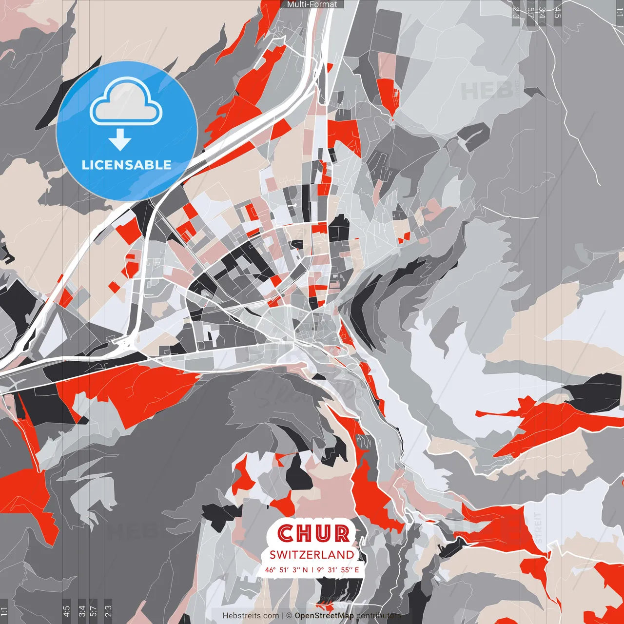Chur, Switzerland - modern street map poster template with gray and red tones