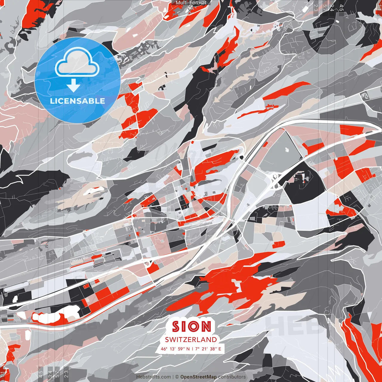 Sion, Switzerland - modern street map poster template with gray and red tones