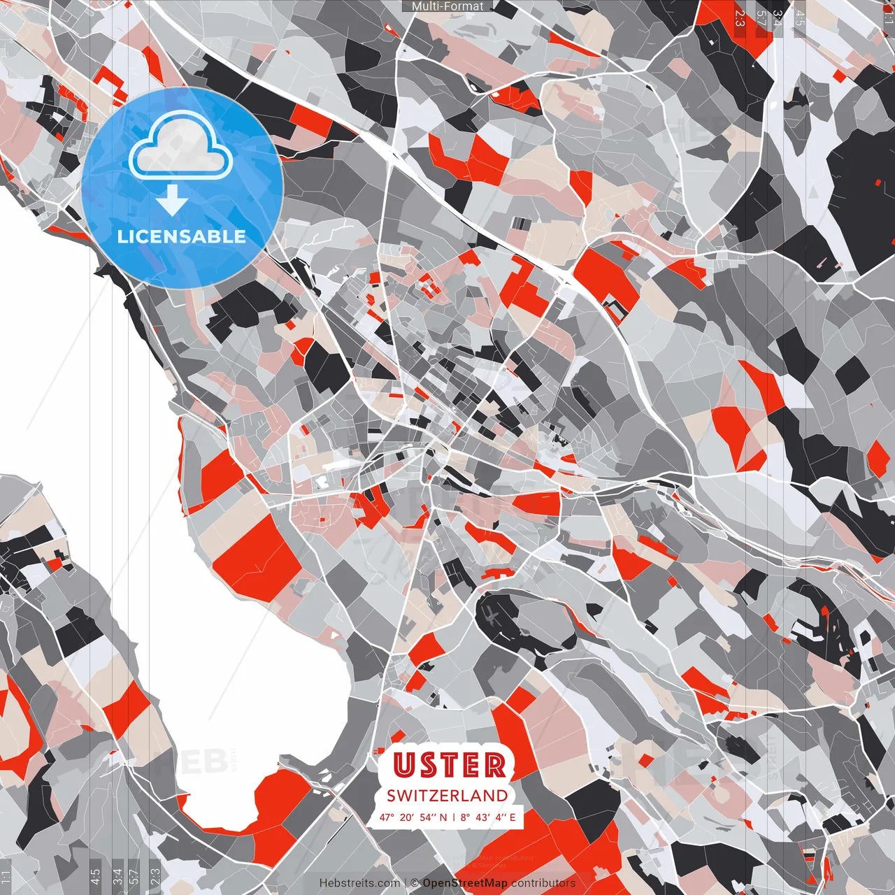 Uster, Switzerland - modern street map poster template with gray and red tones