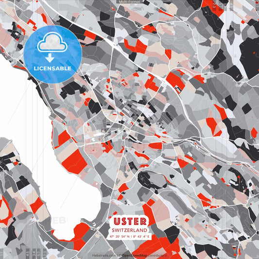 Uster, Switzerland - modern street map poster template with gray and red tones