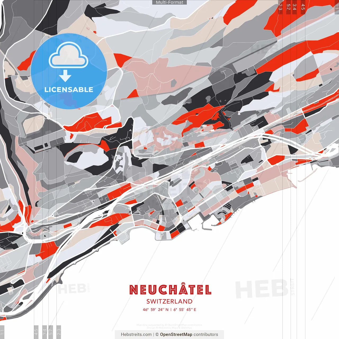 Neuchâtel, Switzerland - modern street map poster template with gray and red tones