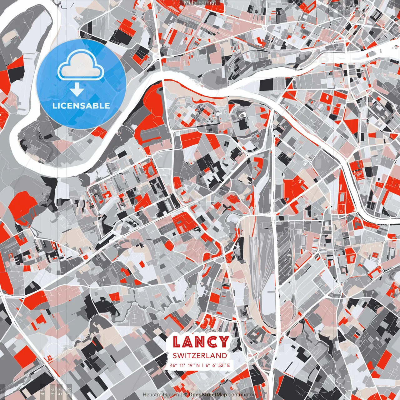 Lancy, Switzerland - modern street map poster template with gray and red tones