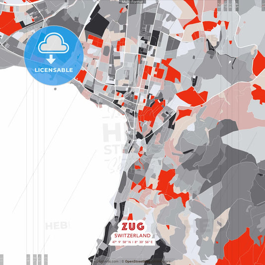 Zug, Switzerland - modern street map poster template with gray and red tones
