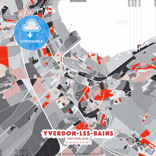 Yverdon-les-Bains, Switzerland - modern street map poster template with gray and red tones