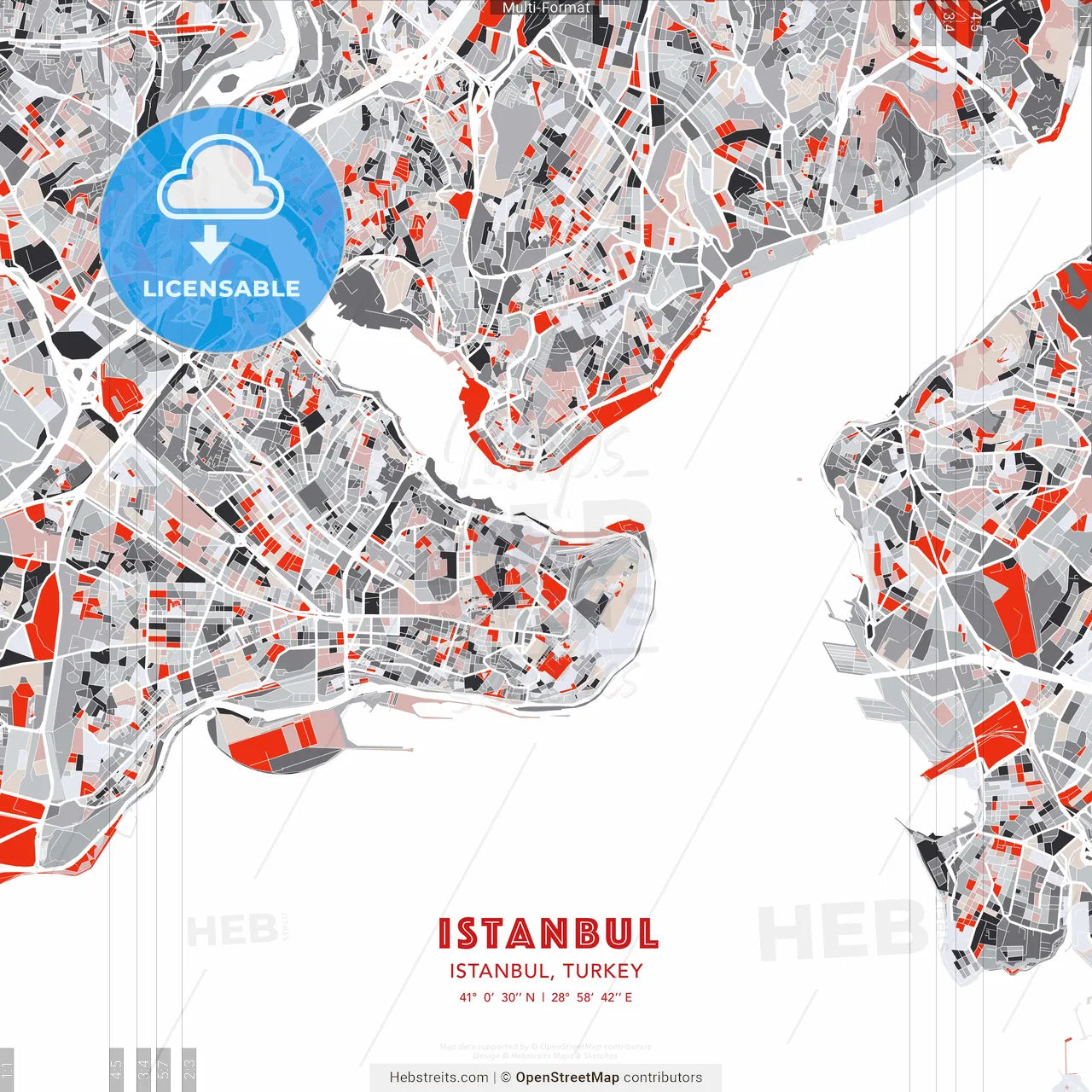 Istanbul, Istanbul, Turkey - modern street map poster template with gray and red tones
