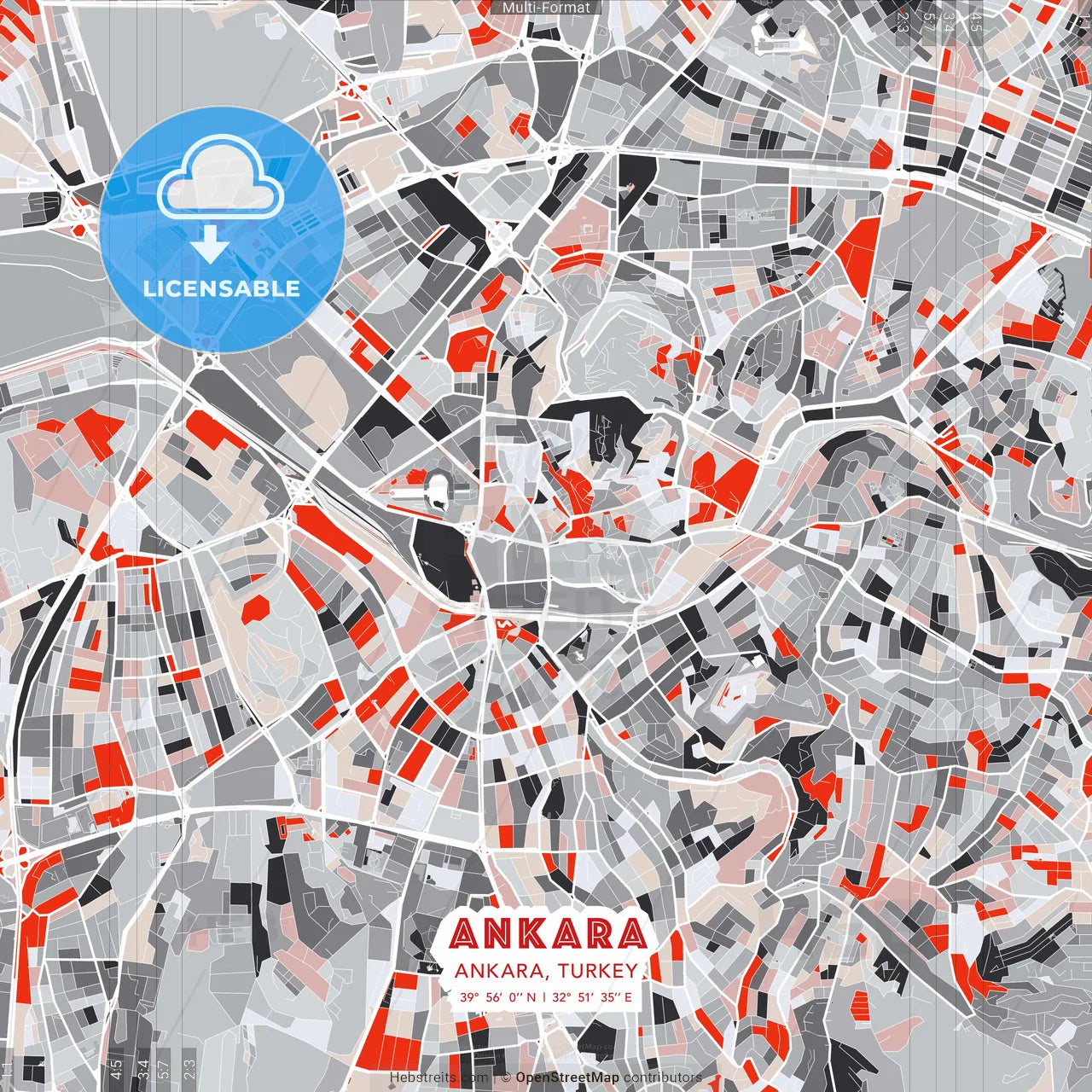 Ankara, Ankara, Turkey - modern street map poster template with gray and red tones