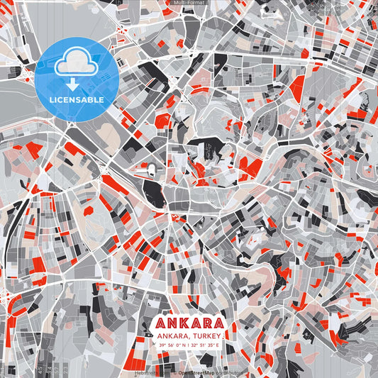 Ankara, Ankara, Turkey - modern street map poster template with gray and red tones