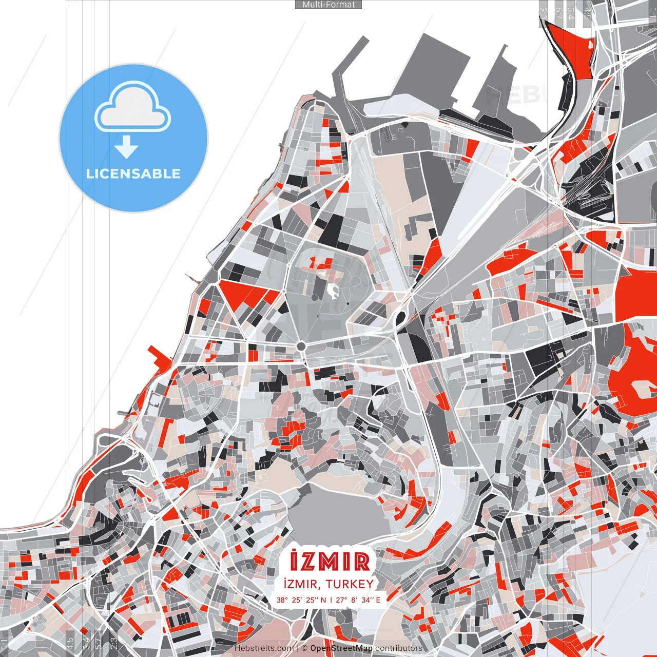İzmir, İzmir, Turkey - modern street map poster template with gray and red tones