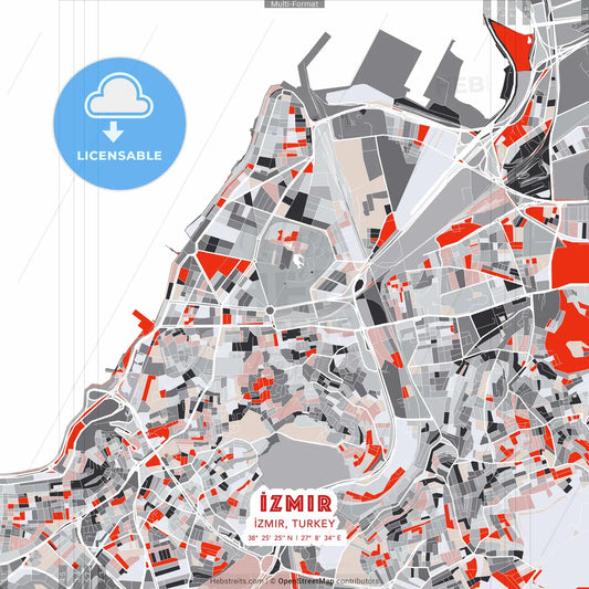 İzmir, İzmir, Turkey - modern street map poster template with gray and red tones