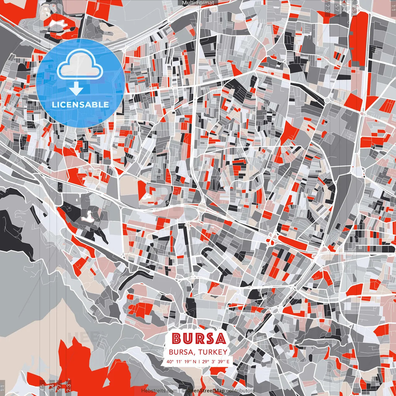 Bursa, Bursa, Turkey - modern street map poster template with gray and red tones