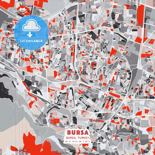 Bursa, Bursa, Turkey - modern street map poster template with gray and red tones